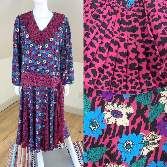 Diane Freis Dresses & Skirts - Vintage 80s Diane Freis Floral Leopard M Georgette Pleat Skirt Top Set Dress